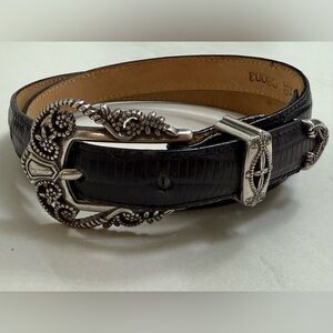 Black Embossed Leather Belt w/ Ornate Western Silver Buckle Set – 38” Length